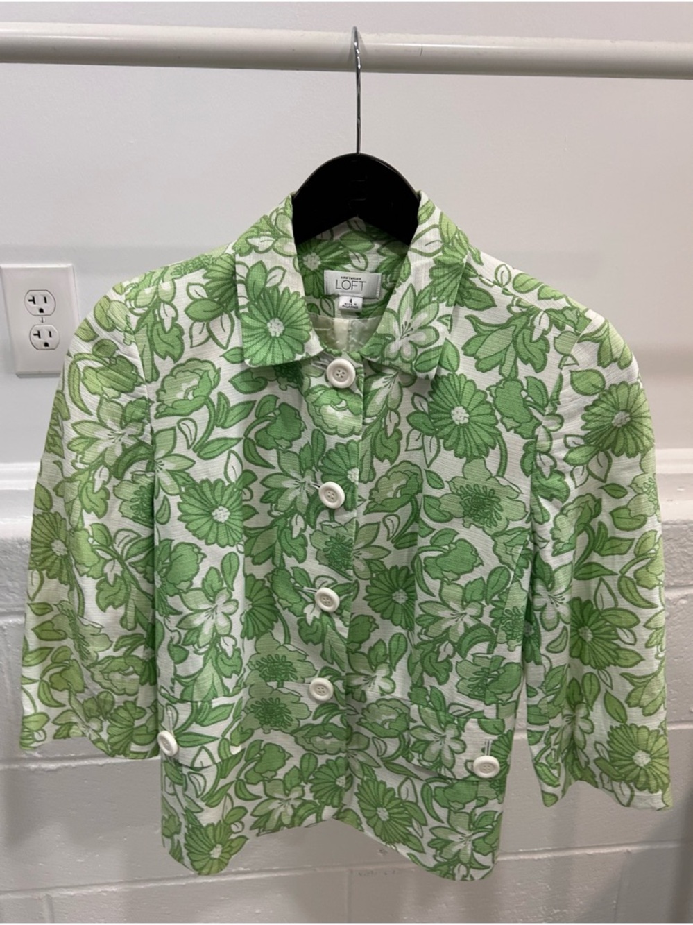 LOFT Green & White Floral Button Front Jacket